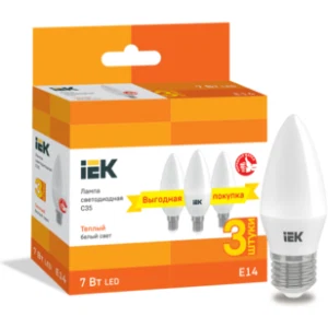 IEK Лампа светодиодная C35 свеча 7Вт 230В 3000К E14 (3шт/упак) - LLE-C35-07-230-30-E14-3 IEK Лампа светодиодная C35 свеча 7Вт 230В 3000К E14 (3шт/упак) - LLE-C35-07-230-30-E14-3